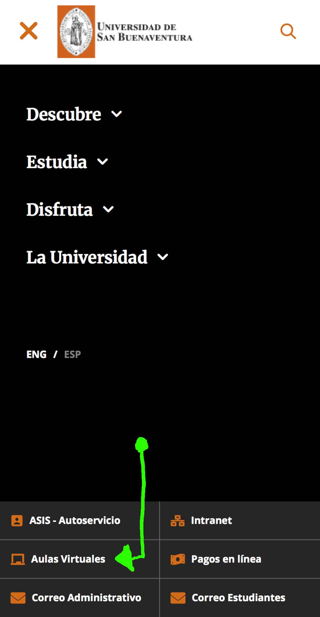 Ubicación de Aulas Virtuales dentro del menú móvil