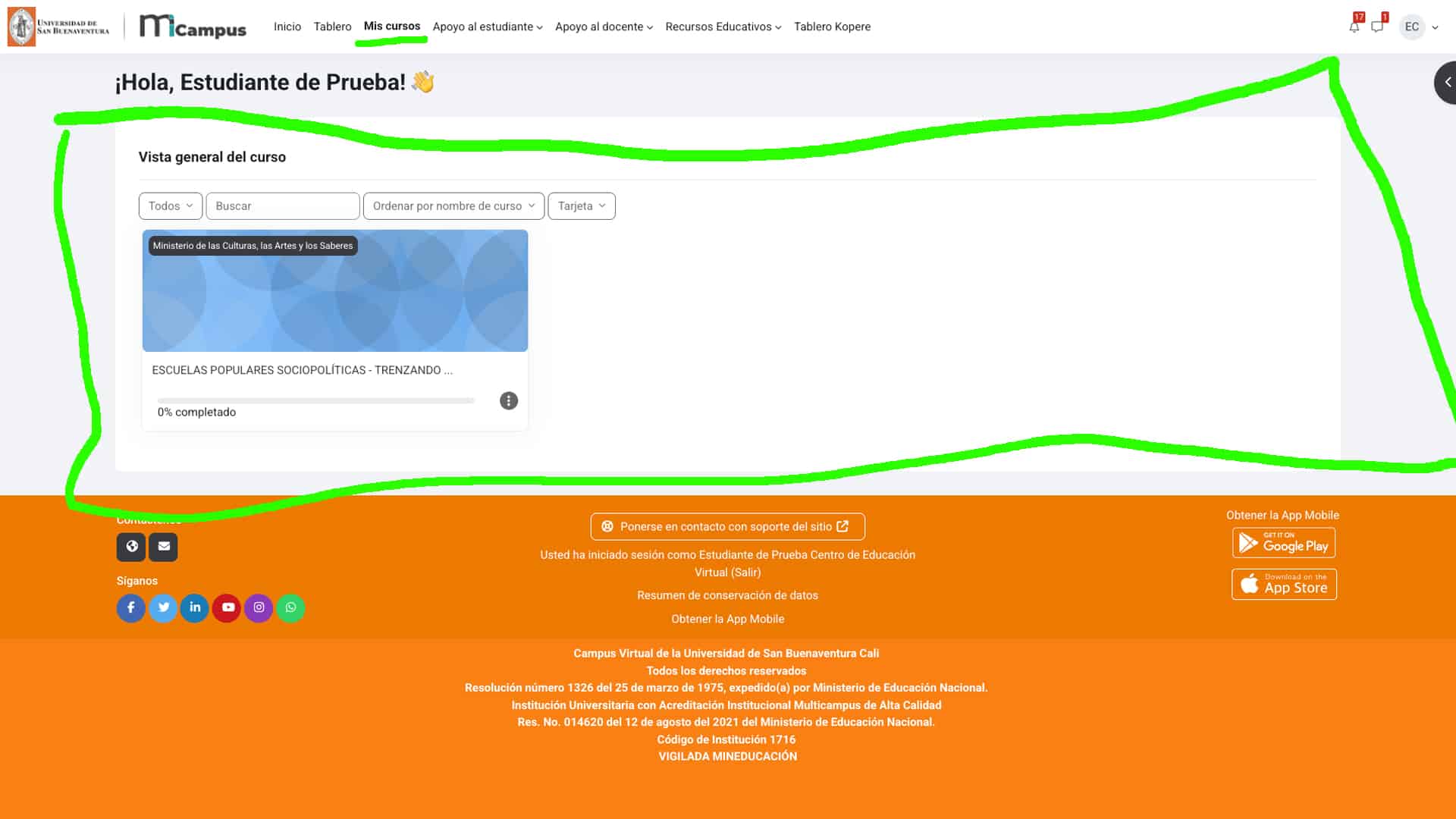 Página Mis cursos en miCampus